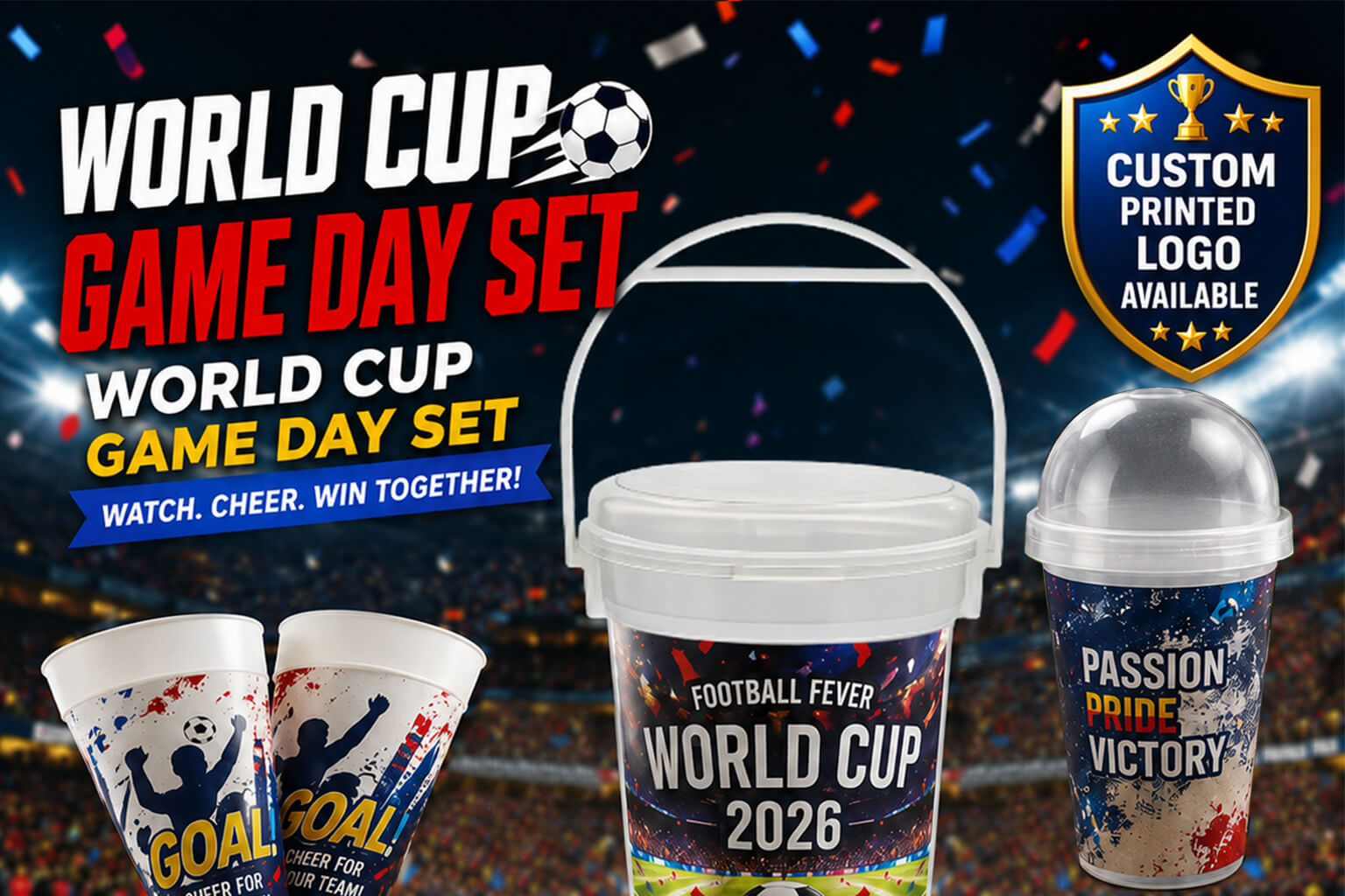 FIFA World Cup Promotional Packaging Solutions | Custom Popcorn Buckets & Cheering Cups for Sports Events